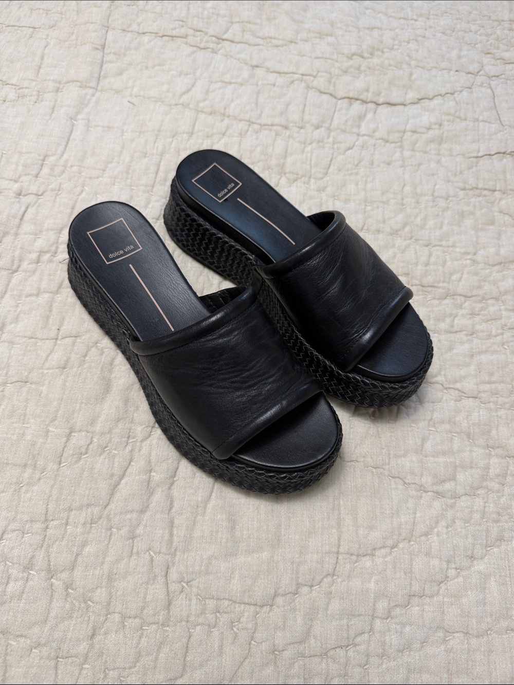 Dolce Vita Black Leather Platform Slide Sandals